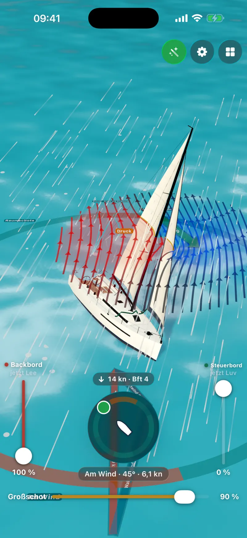 Sailforce auf dem iPhone: 3D-Yacht am Wind mit roten und blauen Strömungslinien, Druckfeld am Segel, Kursring und Schot-Reglern