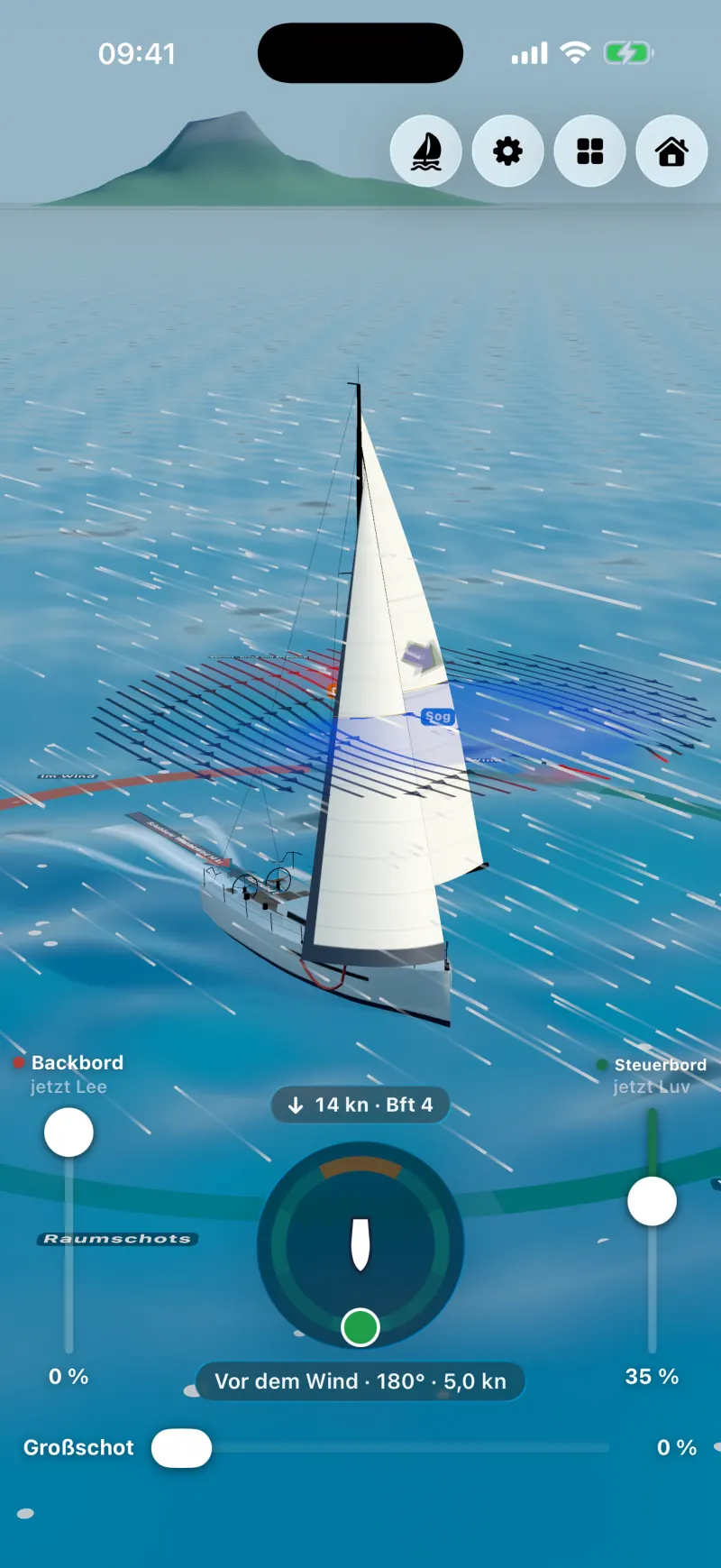 Sailforce auf dem iPhone: Yacht vor dem Wind als Schmetterling, Fock auf der einen, Großsegel auf der anderen Seite