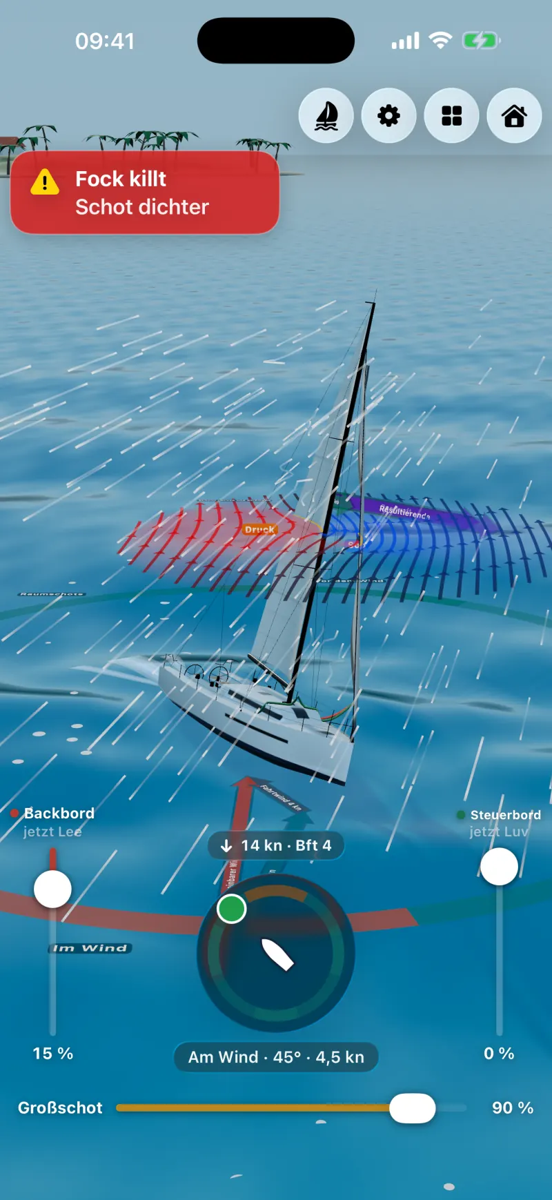 Sailforce auf dem iPhone: Trimm-Hinweis „Fock killt · Schot dichter“ über der 3D-Yacht