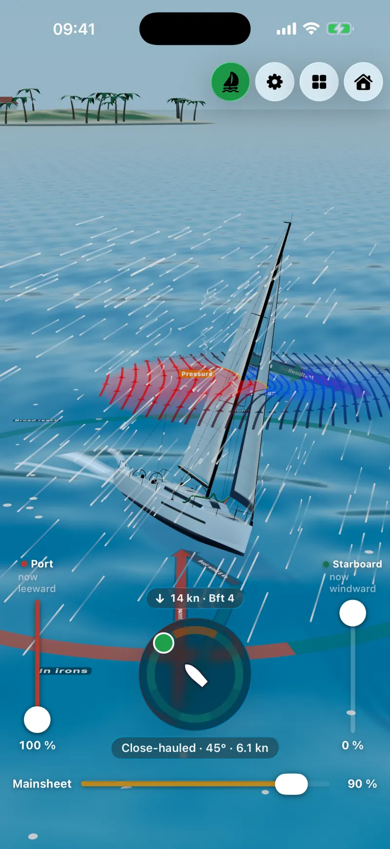 Sailforce on iPhone: 3D yacht close-hauled with red and blue streamlines, a pressure field on the sail, the course ring and sheet sliders