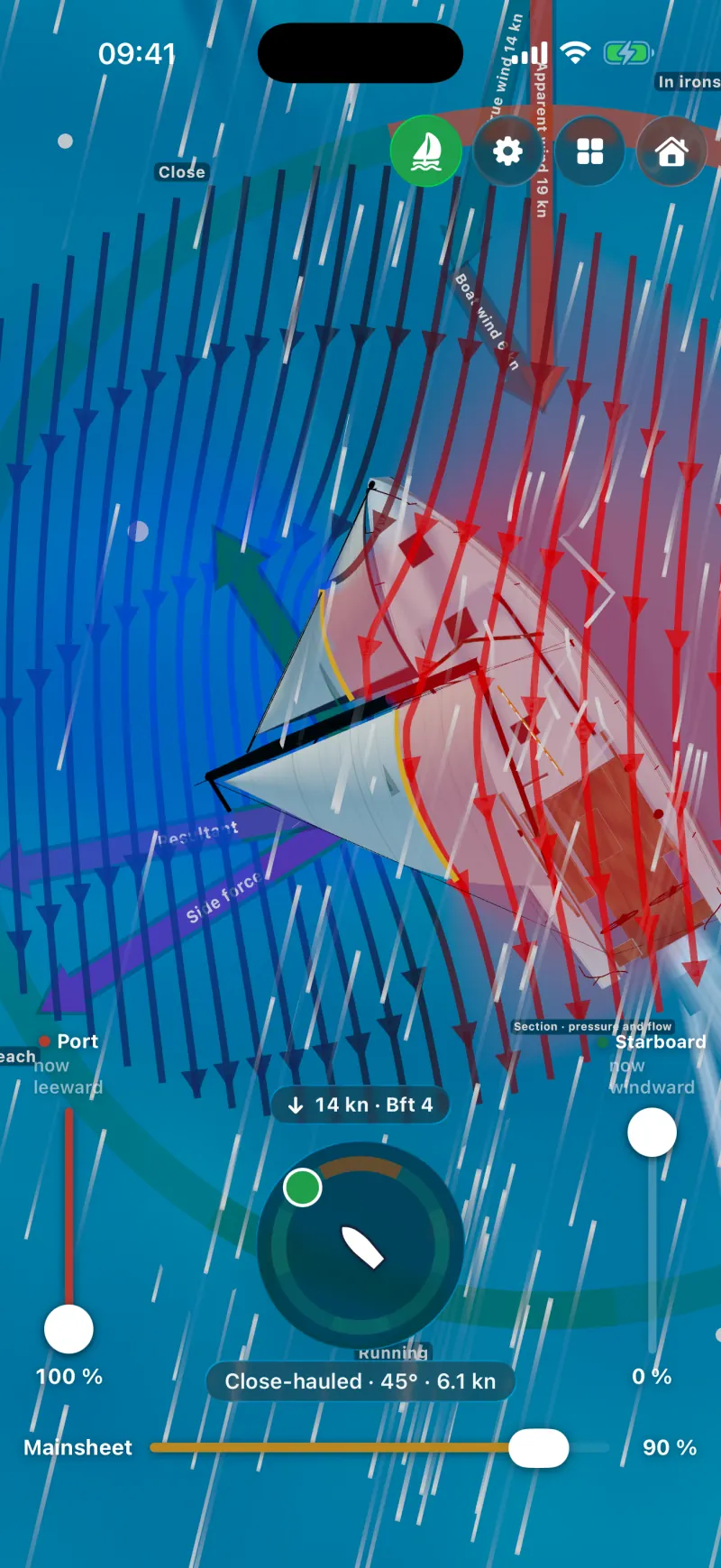 Sailforce on iPhone: top view of the cutaway through the sail, airflow and pressure in blue and red, textbook style