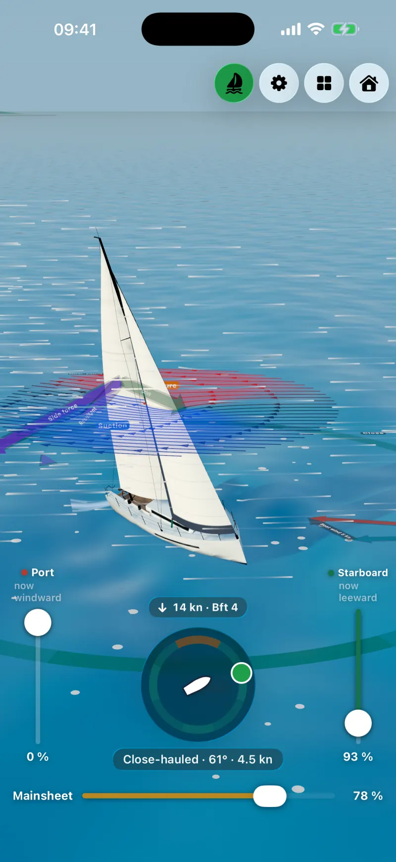 Sailforce on iPhone: yacht in the middle of a tack, head to wind, with wind streaks and course display