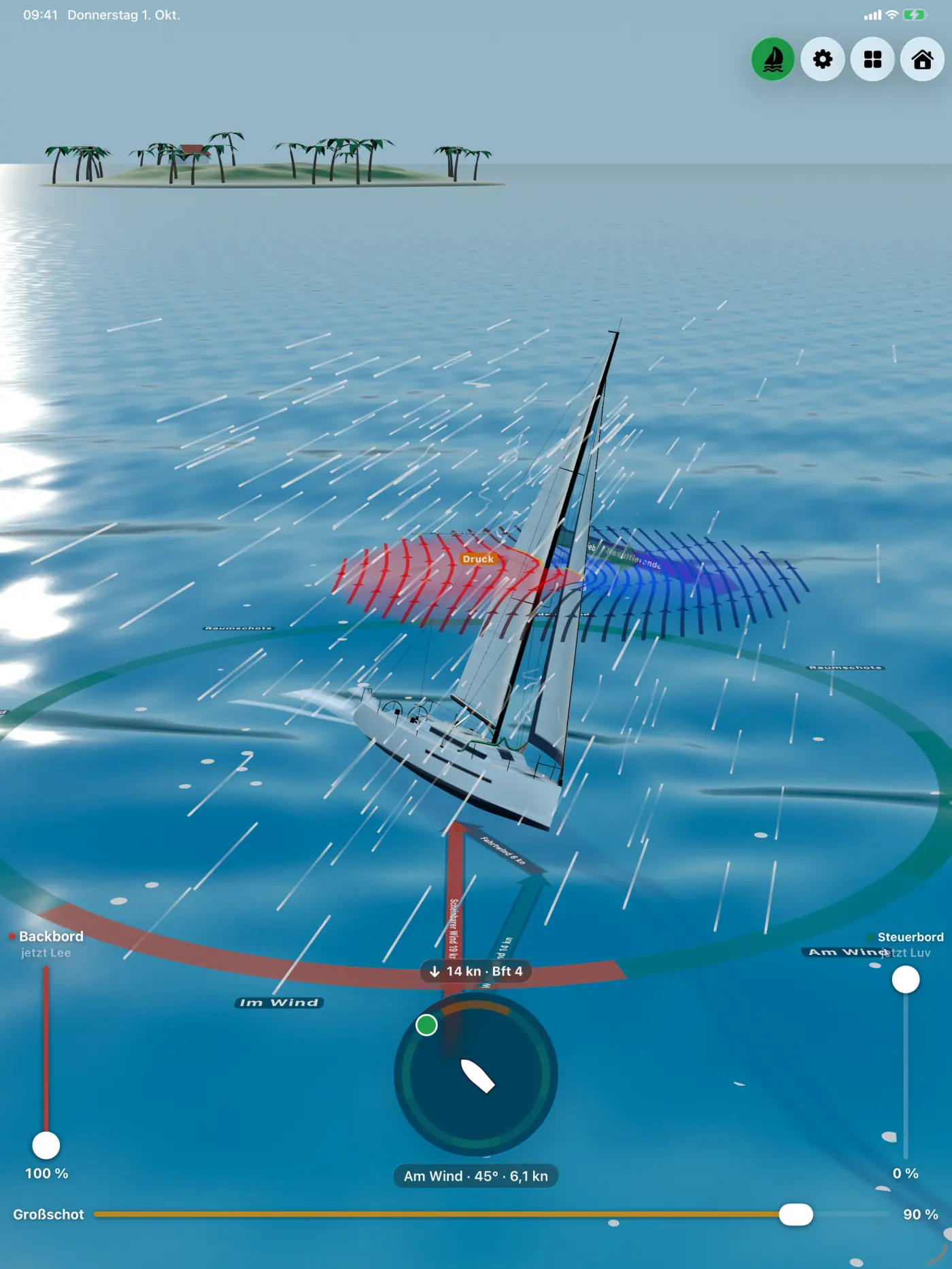 Sailforce auf dem iPad: 3D-Yacht am Wind mit Strömungslinien, Kursring, Schot-Reglern und Windanzeige 14 Knoten, Beaufort 4